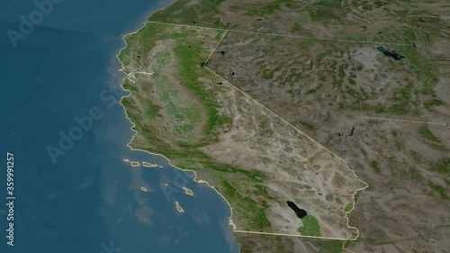 California, state with its capital, zoomed and extruded on the satellite map of United States in the conformal Stereographic projection. Animation 3D
