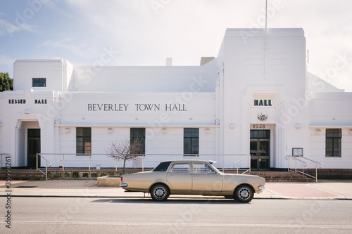 Beverley Town Hall old buiilding and vintage Holden in the Avon Valley in Western Australia photo