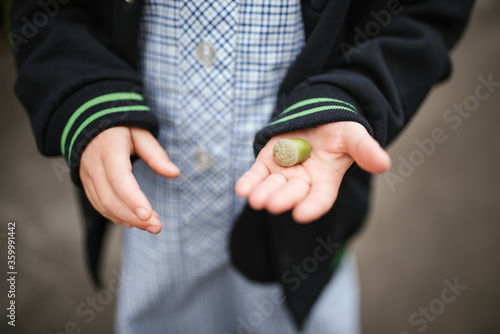 Girl in school uniform holds acorn photo