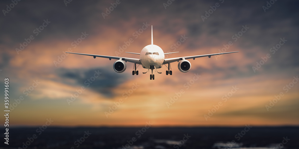 Passengers commercial airplane flying above clouds in sunset light. Concept of fast travel, holidays and business. Passengers commercial airplane flying above clouds in sunset light. Concept of fast travel, holidays and business.