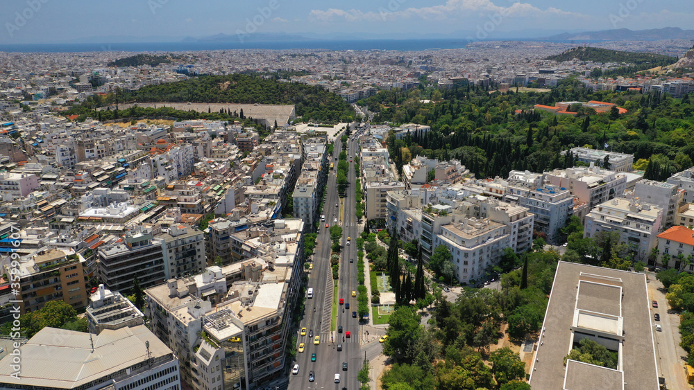 Obraz premium Aerial drone photo of Athens Metropolitan dense populated area in Vasilisis Sofias and Vasileos Konstantinou avenues, Attica, Greece