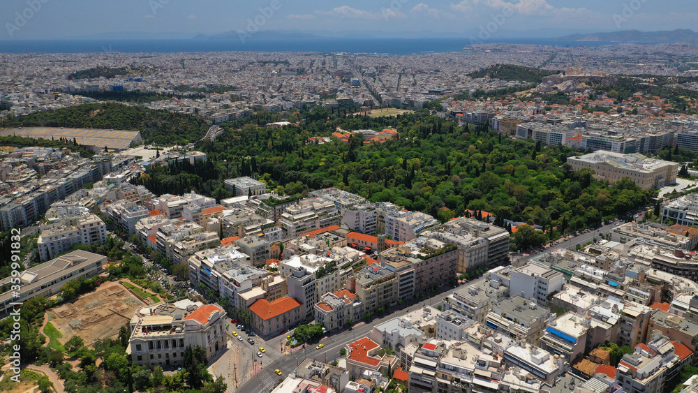 Aerial drone photo of Athens Metropolitan dense populated area in Vasilisis Sofias and Vasileos Konstantinou avenues, Attica, Greece