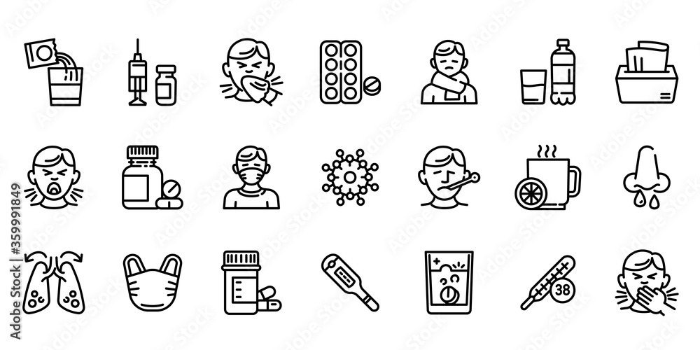 Flu icons set. Outline set of flu vector icons for web design isolated on white background - obrazy, fototapety, plakaty 
