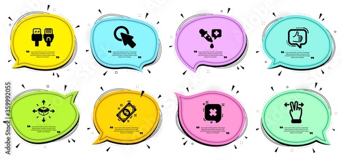 Click here, Like and Touchscreen gesture signs. Chat bubbles with quotes. Parcel delivery, Computer cables and Chemistry pipette line icons set. Reject, Payment symbols. Vector
