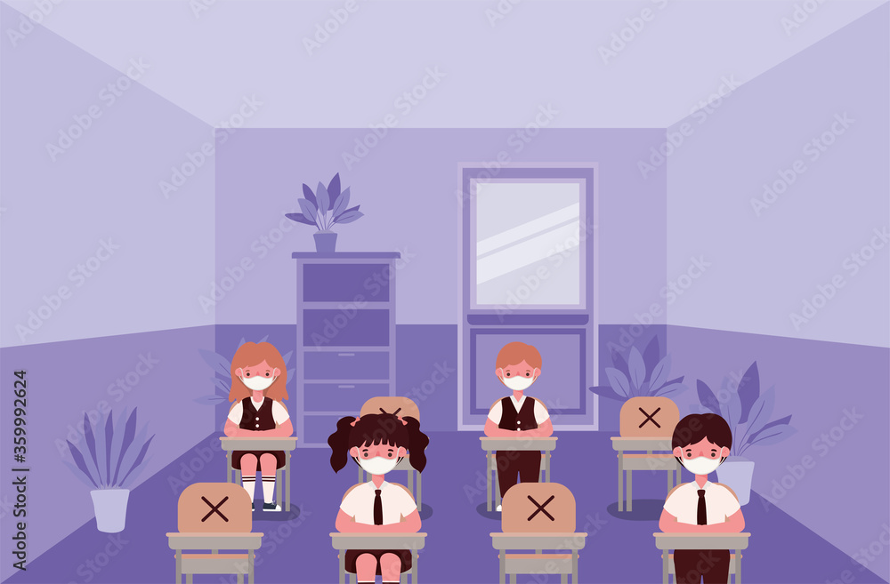 Obraz premium Girls and boys kids on desks with medical masks at classroom design, Back to school and social distancing theme Vector illustration