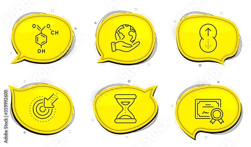 Time sign. Diploma certificate, save planet chat bubbles. Chemical formula, Swipe up and Targeting line icons set. Chemistry, Scrolling page, Click. Clock. Science set. Outline icons set. Vector