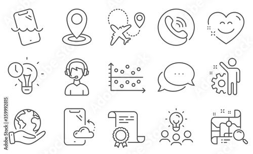 Set of Technology icons, such as Location, Smartphone waterproof. Diploma, ideas, save planet. Employee, Time management, Search map. Smartphone cloud, Airplane, Consultant. Vector