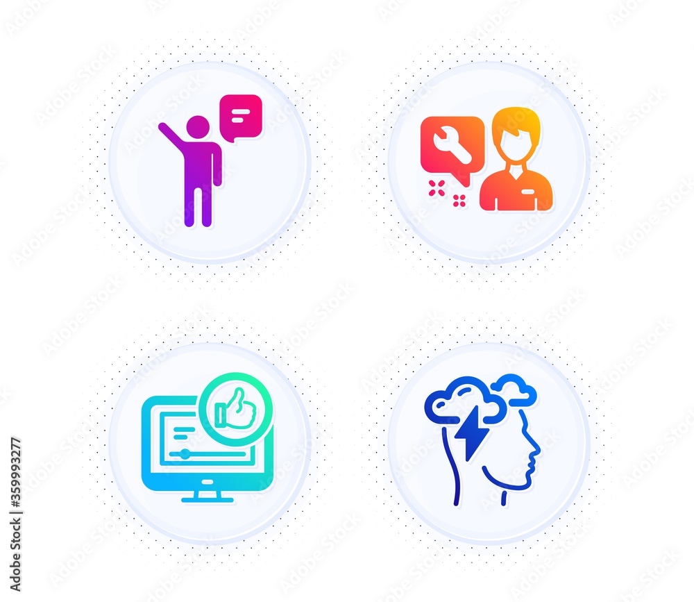 Agent, Repairman and Like video icons simple set. Button with halftone dots. Mindfulness stress sign. Business person, Repair service, Thumbs up. Cloud storm. People set. Vector