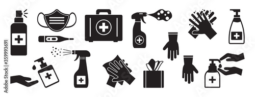 Disinfection. Hand hygiene. Set of hand sanitizer bottles, washing gel, spray, liquid soap, wipes, first aid kit, rubber gloves, thermometer. Black icons. PPE personal protective equipment. Vector