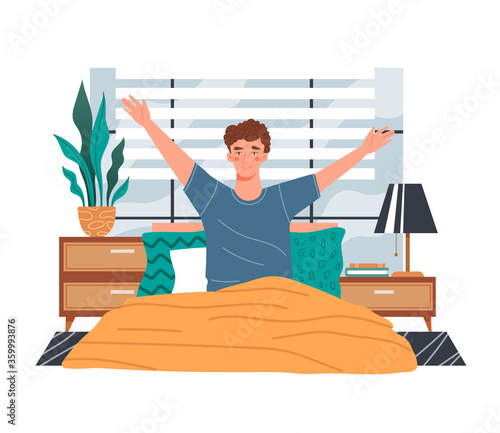 Healthy young man waking up in the morning smiling and stretching his arms as he sits up in bed, colored vector illustration