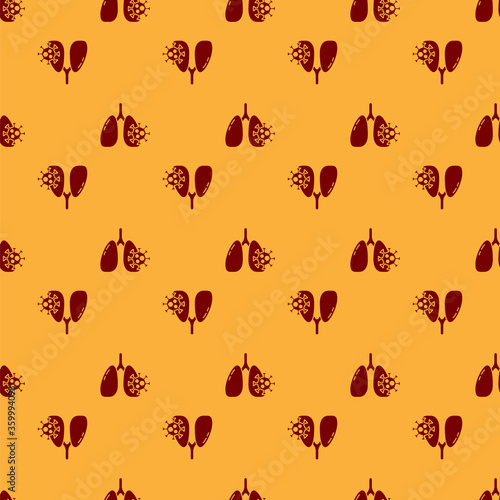 Red Virus cells in lung icon isolated seamless pattern on brown background. Infected lungs. Coronavirus, COVID-19. 2019-nCoV.  Vector.