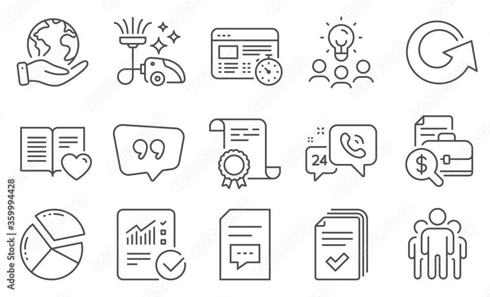 Set of Technology icons, such as Quote bubble, Checked calculation. Diploma, ideas, save planet. Love book, Comments, Reload. Pie chart, Group, 24h service. Vector Set of Technology icons, such as Quote bubble, Checked calculation. Diploma, ideas, save planet. Love book, Comments, Reload. Pie chart, Group, 24h service. Vector