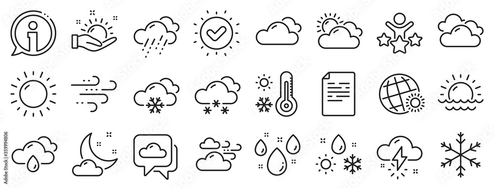 Cloudy sky, winter snowflake, thermometer. Weather and forecast line icons. Moon night, rain and sunset icons. Weather temperature, meteorology forecast and wind, thunder bolt. Vector