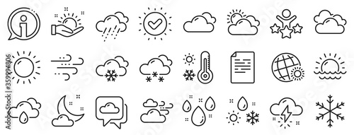 Cloudy sky  winter snowflake  thermometer. Weather and forecast line icons. Moon night  rain and sunset icons. Weather temperature  meteorology forecast and wind  thunder bolt. Vector