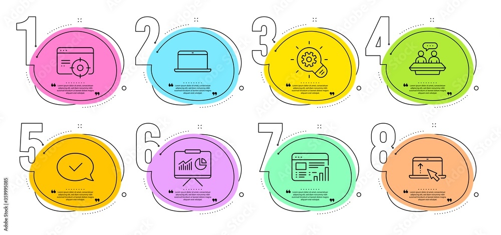 Seo targeting, Web report and Swipe up signs. Timeline steps infographic. Employees talk, Laptop and Approved message line icons set. Cogwheel, Presentation symbols. Vector Seo targeting, Web report and Swipe up signs. Timeline steps infographic. Employees talk, Laptop and Approved message line icons set. Cogwheel, Presentation symbols. Vector