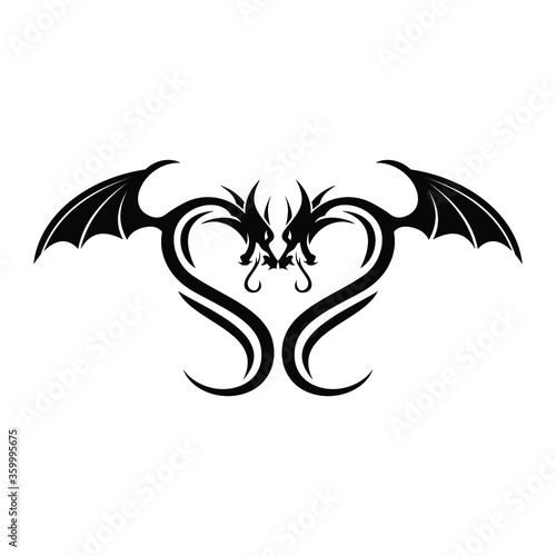 Vector image of a black winged dragon.  Black tribal tattoo. Vector illustration, Design element for logo, poster, card, banner, emblem, t shirt. Vector illustration