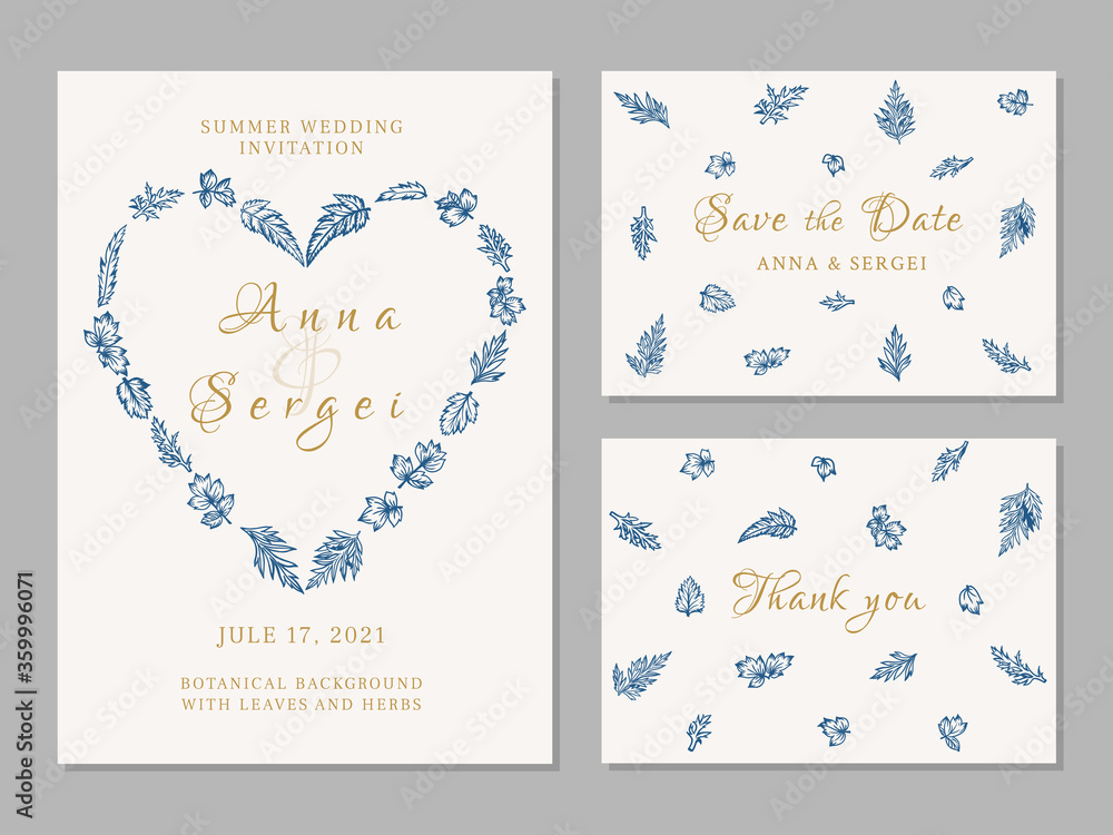 Set of wedding cards with leaves and herbs . Botanical illustration. Invitation, save the date, thank you card. Blue and golgen. A heart. Set of wedding cards with leaves and herbs . Botanical illustration. Invitation, save the date, thank you card. Blue and golgen. A heart.
