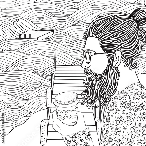Bearded man with coffe. Seaside promenade. Wooden boat lying on the shore. Adult coloring book page in zentangle style. Black and white. Doodle. Vector. line art.
