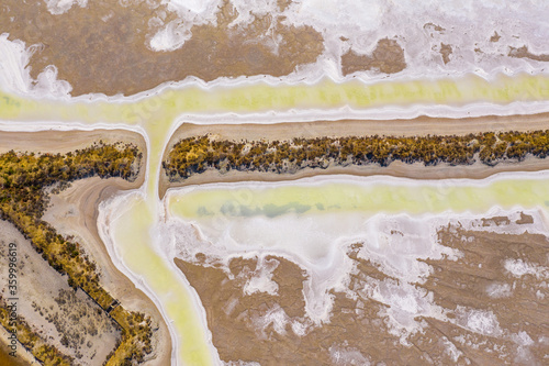 Aerial view of a creek joining two salt evaporation ponds photo