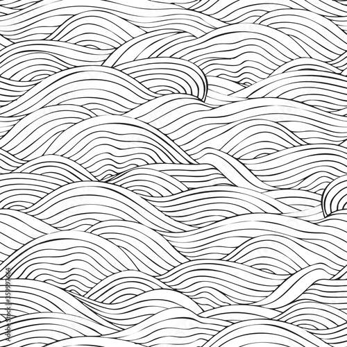 Ocean Waves seamless pattern. Coloring book page for adult and children. Hand-drawn, Black and white Sea Waves. Doodle, vector design element.