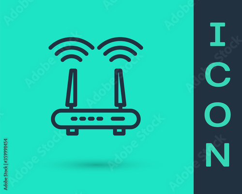 Black line Router and wi-fi signal icon isolated on green background. Wireless ethernet modem router. Computer technology internet.  Vector