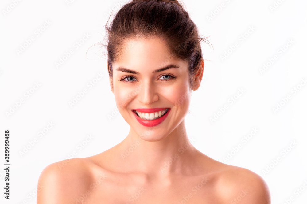 Headshot of beautiful woman's face with red lipstick Headshot of beautiful woman's face with red lipstick