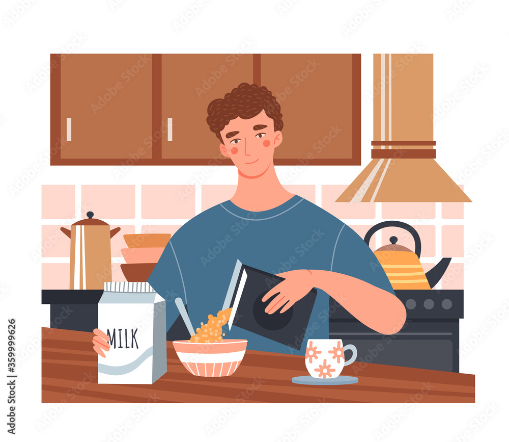 Young man having a healthy breakfast with cereal and milk seated in his kitchen at the table, colored vector illustration Young man having a healthy breakfast with cereal and milk seated in his kitchen at the table, colored vector illustration