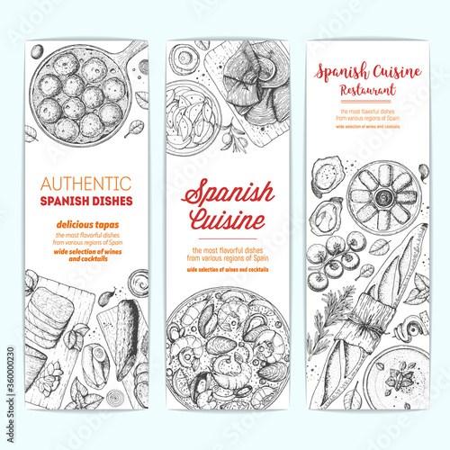 Spanish cuisine banner collection. Set spanish dishes with albondigas, mojama, bocadillo, paella. Food menu design template. Vintage hand drawn sketch vector illustration. Engraved image