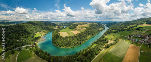 Aerial drone panorama of Rhine loop and sinuosity at Toesegg in Canton Zurich, Switzerland (large stitsched file)