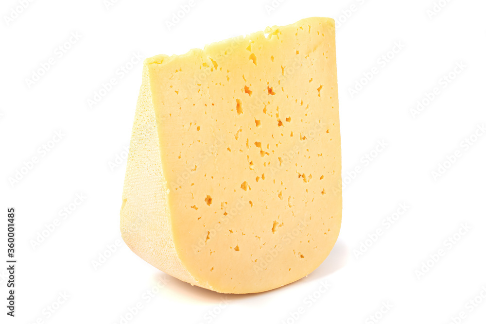 a piece of hard cheese on a white isolated background close-up