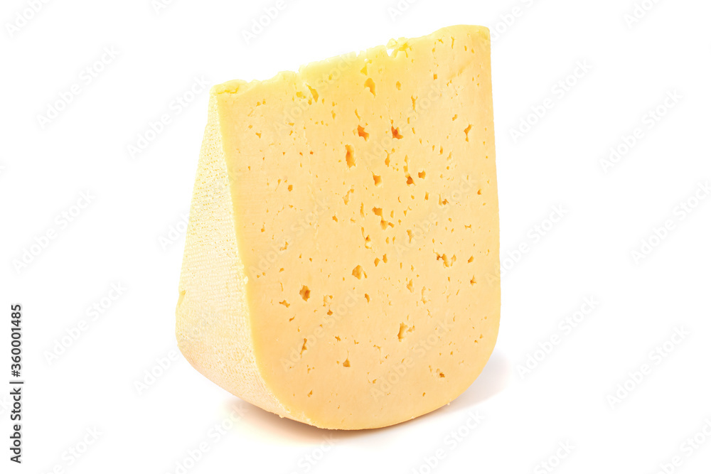 a piece of hard cheese on a white isolated background close-up a piece of hard cheese on a white isolated background close-up