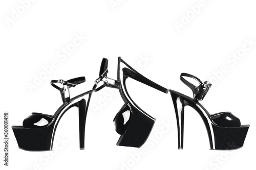 striptease shoes. High-heeled shoes. Strips of three for poldance, exotic, strip of plastic. strips for the store catalog. isolated shoes strips on white blackground.
