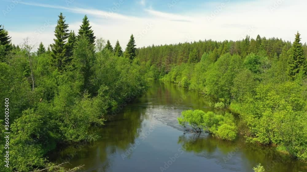 Flying at low altitude over river in deep green forest, Moscow area, Russia Flying at low altitude over river in deep green forest, Moscow area, Russia