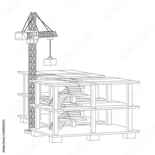 Building under construction with crane. Build house construct in process. Wireframe low poly mesh vector illustration