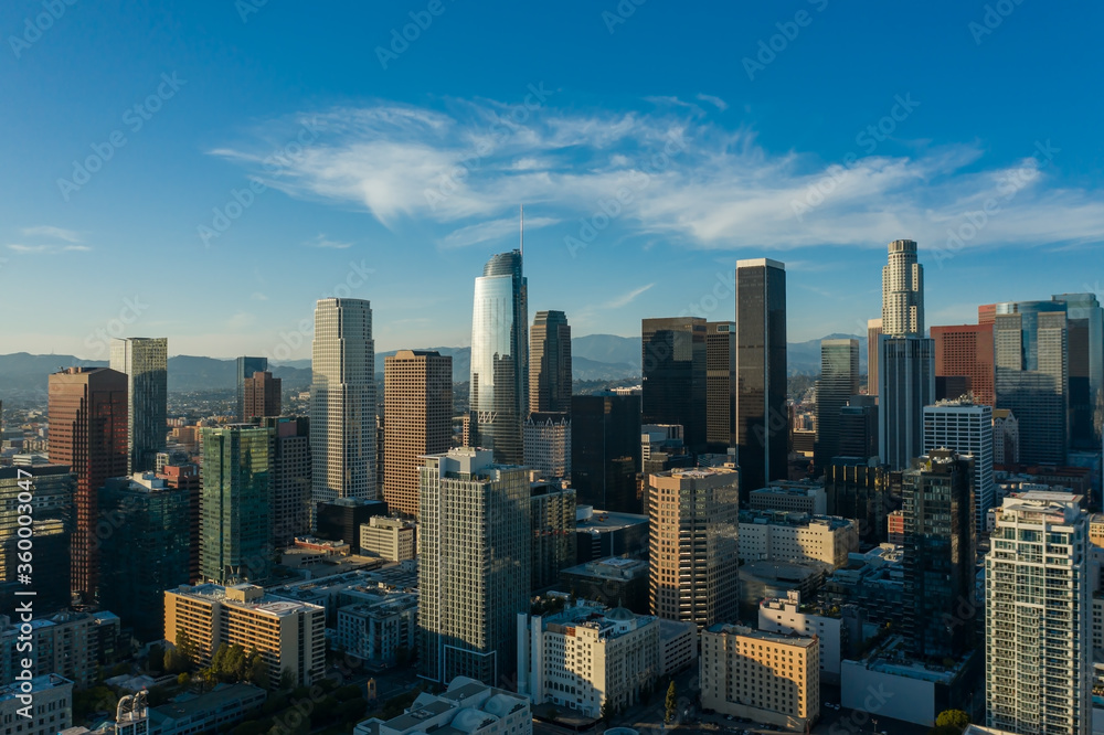 Drone, aerial shot of buildings in a heart of Los Angeles downtown in California