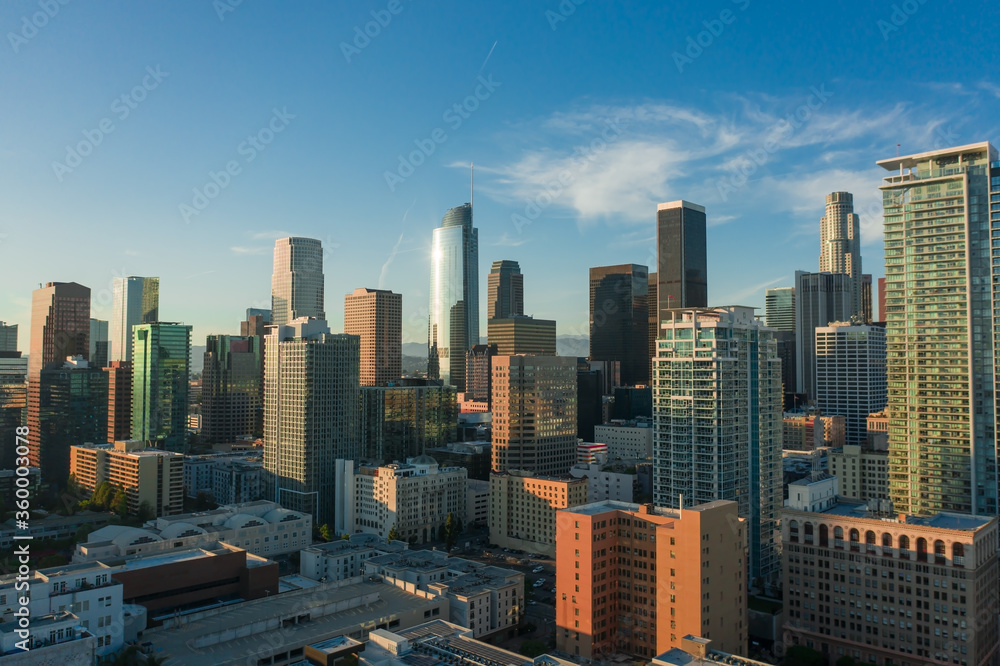 Aerial, drone view of Los Angeles downtown center during sunset in California