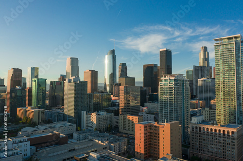 Aerial  drone view of Los Angeles downtown center during sunset in California