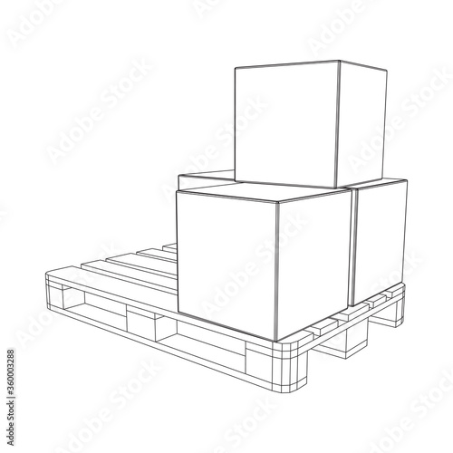 Cargo pallet for warehouse with stacked goods cardboard boxes. Logistics shipping concept. Wireframe low poly mesh vector illustration.