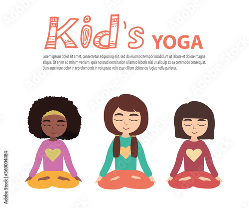 Kids Yoga vector illustration.Young girls doing yoga in the Lotus position on. flat vector illustration.
