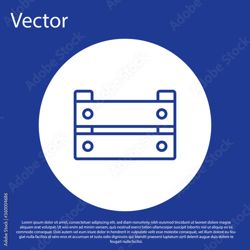 Blue line Wooden box icon isolated on blue background. Grocery basket, storehouse crate. Empty wooden container for vegetables, products. White circle button. Vector