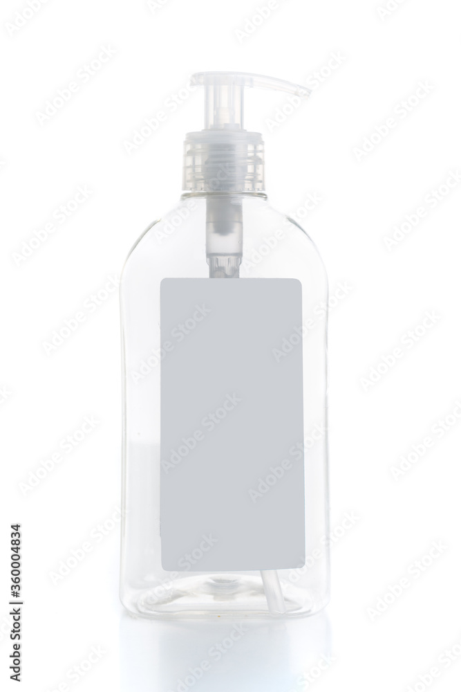 Plastic container for liquids with diffuser valve. Hand soap. Isolated white background Plastic container for liquids with diffuser valve. Hand soap. Isolated white background