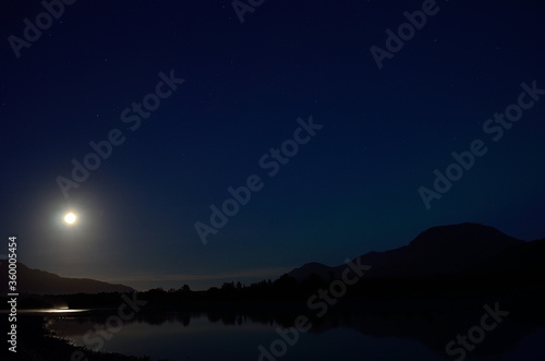 full moon reflection in river surface at night surrounded by stars and mountains