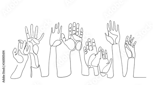 Cheerful crowd cheering illustration. Hands up. Group continuous one line vector drawing silhouette hand drawn characters. hands up vector illustration one line art. hands up one line.