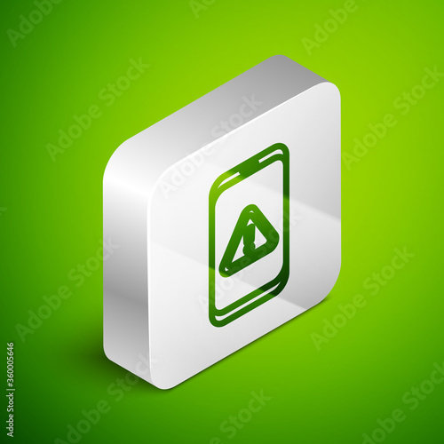 Isometric line Mobile phone with exclamation mark icon isolated on green background. Alert message smartphone notification. Silver square button. Vector