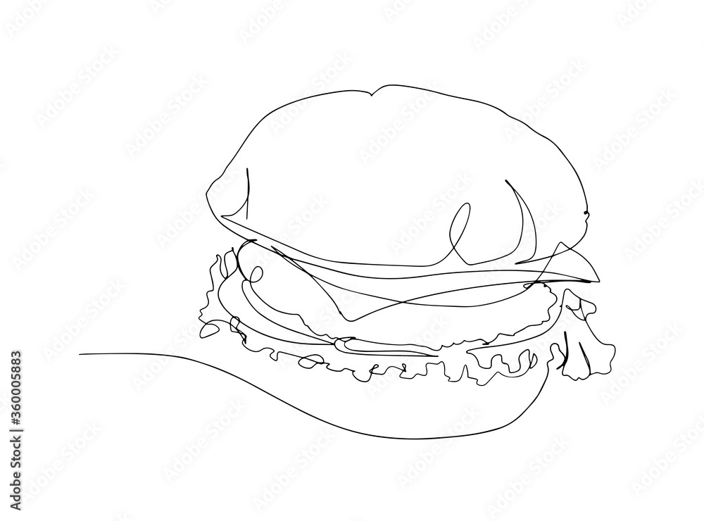 Hamburger drawn in one line on a white background. One line drawing. Continuous line. Drawing a continuous line. American hamburger. burger. vector outline image of a hamburger. fast food.