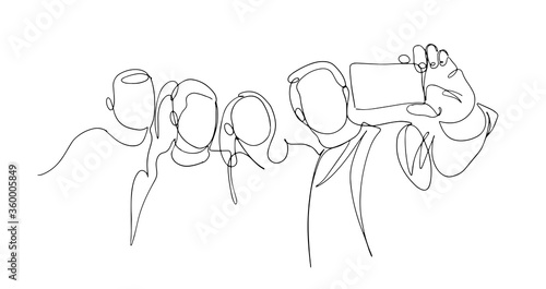 Continuous one line drawing of group people selfie. Man and women taking a picture with smartphone to capture moment vector minimalism simplicity design. Group photo one line vector drawing. Vector.
