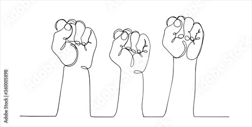 Continuous line, drawing of Raised Fist. continuous line drawing of fist hands. One hand drawn minimalism rebel, freedom and protest theme. Vector.