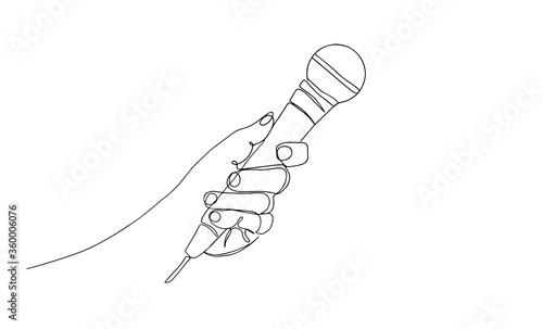 Continuous Line Drawing Vector Hand holding wired microphone one line vector drawing. someone holding a microphone single continuous line illustration.