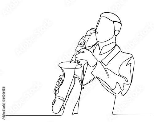 Continuous line Man blowing the trumpet instrument jazz Simple style hand drawn music style vector illustration. Continuous line drawing young man blowing saxophone trumpet brass instrument jazz class