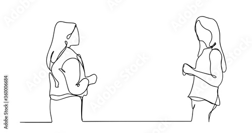 Single continuous line drawing of two woman startup founders have a business talk. Business chat concept one line draw design illustration.
